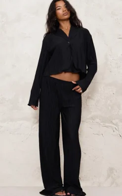 Hot PrettyLittleThing Textured Pleated Wide Leg Pants Black