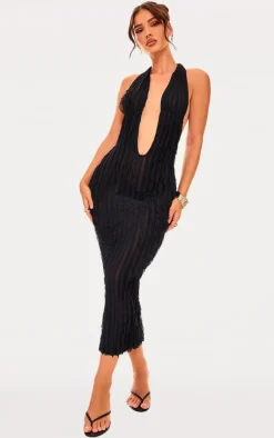 Textured Plunge Front Midi Dress-PrettyLittleThing Sale