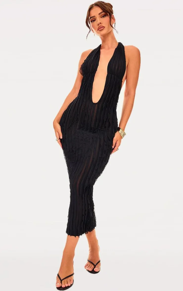 Textured Plunge Front Midi Dress-PrettyLittleThing Sale