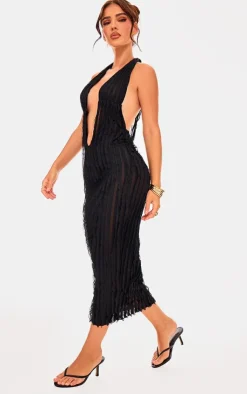 Textured Plunge Front Midi Dress-PrettyLittleThing Sale