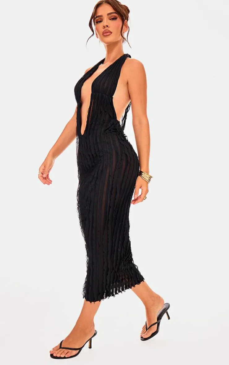Textured Plunge Front Midi Dress-PrettyLittleThing Sale