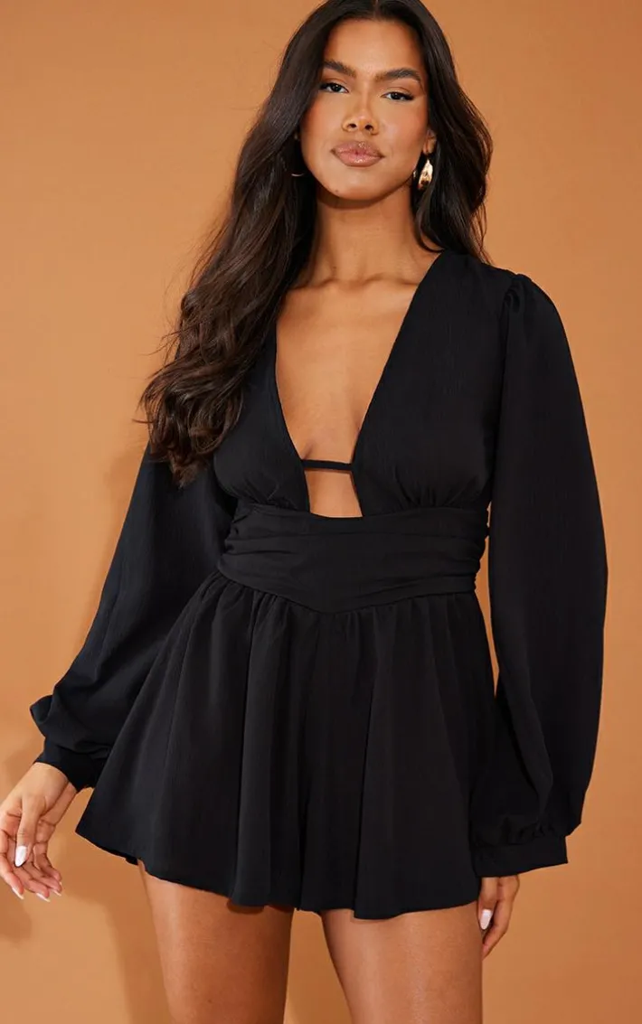 Black Textured Plunge Long Sleeve Tie Back Romper