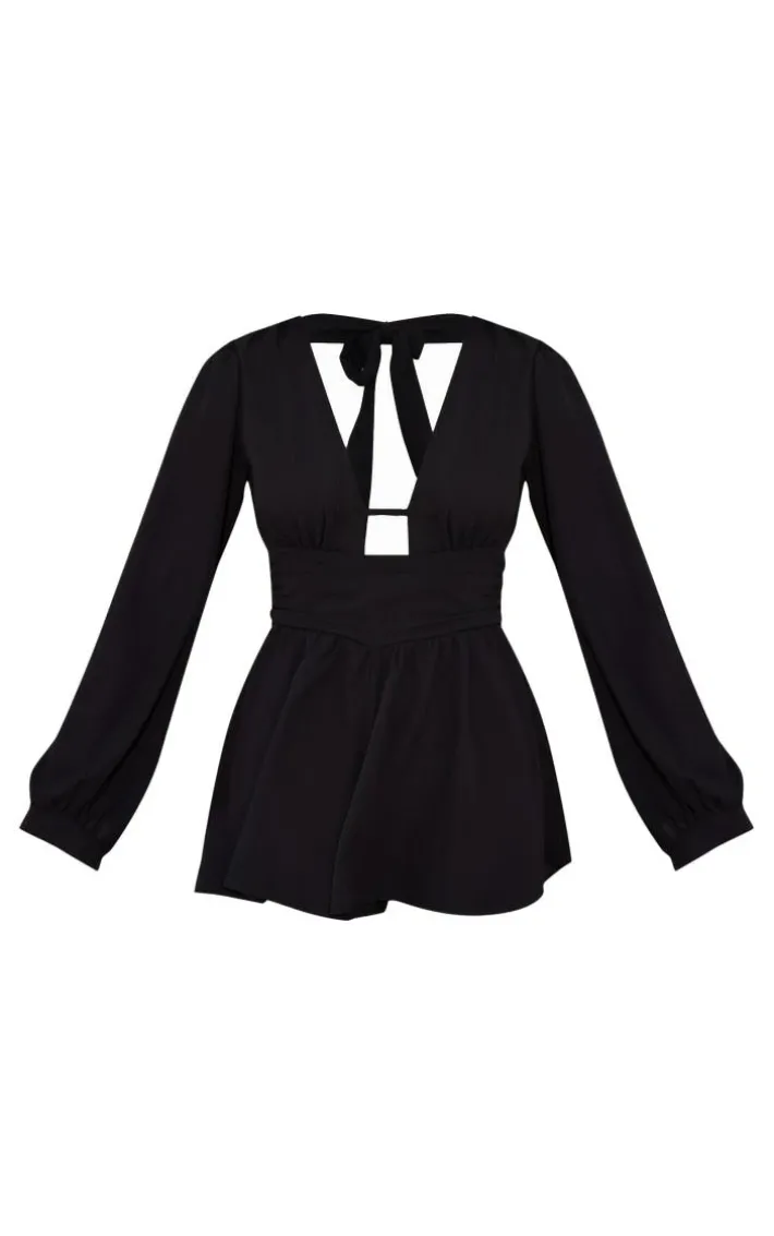 Black Textured Plunge Long Sleeve Tie Back Romper