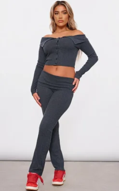 Hot PrettyLittleThing Textured Rib Jersey Fold Over Waistband Skinny Flared Pants Black