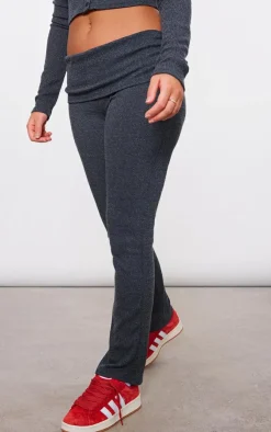 Hot PrettyLittleThing Textured Rib Jersey Fold Over Waistband Skinny Flared Pants Black