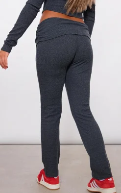 Hot PrettyLittleThing Textured Rib Jersey Fold Over Waistband Skinny Flared Pants Black
