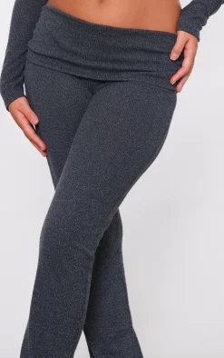 Hot PrettyLittleThing Textured Rib Jersey Fold Over Waistband Skinny Flared Pants Black