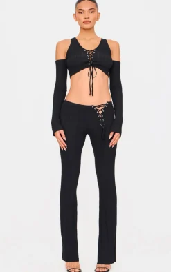 New PrettyLittleThing Textured Rib Knit Lace Up High Waist Flared Pants Black
