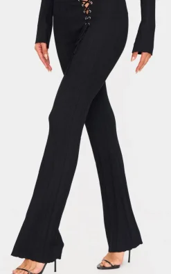 New PrettyLittleThing Textured Rib Knit Lace Up High Waist Flared Pants Black