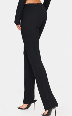 New PrettyLittleThing Textured Rib Knit Lace Up High Waist Flared Pants Black