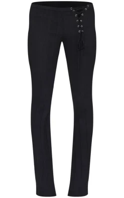 New PrettyLittleThing Textured Rib Knit Lace Up High Waist Flared Pants Black