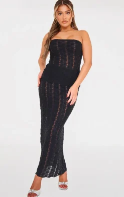 Online PrettyLittleThing Textured Rib Longline Flared Hem Bandeau Top Black