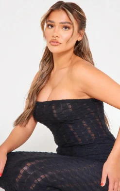 Online PrettyLittleThing Textured Rib Longline Flared Hem Bandeau Top Black