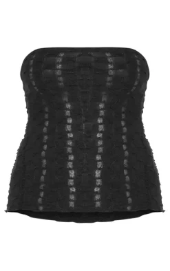 Online PrettyLittleThing Textured Rib Longline Flared Hem Bandeau Top Black
