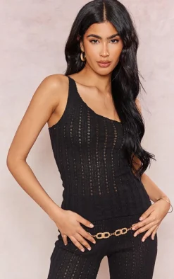 Clearance PrettyLittleThing Textured Rib One Shoulder Longline Top Black
