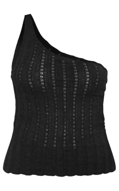 Clearance PrettyLittleThing Textured Rib One Shoulder Longline Top Black