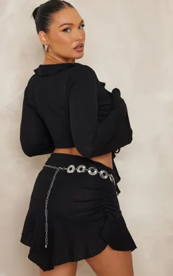 Clearance PrettyLittleThing Textured Rib Ruffle Front Detail Crop Top Black
