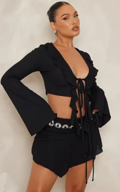 Clearance PrettyLittleThing Textured Rib Ruffle Front Detail Crop Top Black