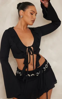 Clearance PrettyLittleThing Textured Rib Ruffle Front Detail Crop Top Black