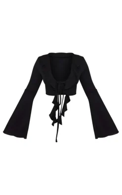 Clearance PrettyLittleThing Textured Rib Ruffle Front Detail Crop Top Black