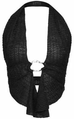 Discount PrettyLittleThing Textured Ring Detail Halterneck Top Black
