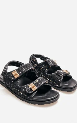 PrettyLittleThing Flat Sandals*Black Textured Round Toe Buckled Sling Back Footbed Sandals