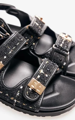PrettyLittleThing Flat Sandals*Black Textured Round Toe Buckled Sling Back Footbed Sandals