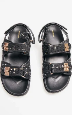 PrettyLittleThing Flat Sandals*Black Textured Round Toe Buckled Sling Back Footbed Sandals