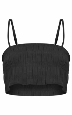 Sale PrettyLittleThing Textured Ruched Cotton Strappy Crop Top Black