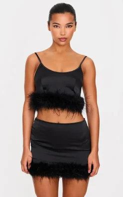 Online PrettyLittleThing Textured Satin Feather Trim Strappy Top Black