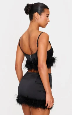 Online PrettyLittleThing Textured Satin Feather Trim Strappy Top Black