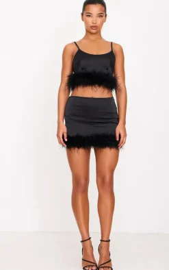 Online PrettyLittleThing Textured Satin Feather Trim Strappy Top Black