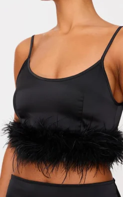 Online PrettyLittleThing Textured Satin Feather Trim Strappy Top Black