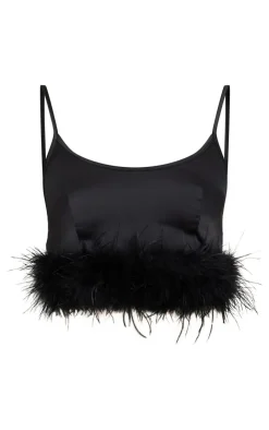 Online PrettyLittleThing Textured Satin Feather Trim Strappy Top Black