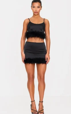Discount PrettyLittleThing Textured Satin Feather Trim Mini Skirt Black