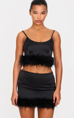 Discount PrettyLittleThing Textured Satin Feather Trim Mini Skirt Black