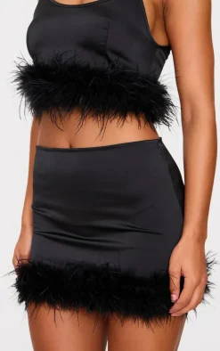 Discount PrettyLittleThing Textured Satin Feather Trim Mini Skirt Black