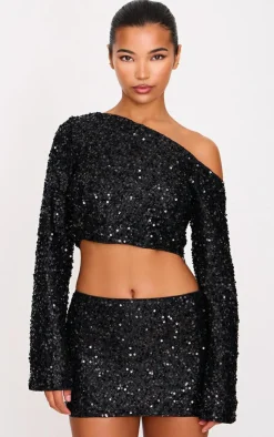 Best PrettyLittleThing Textured Sequin Long Sleeve Top Black