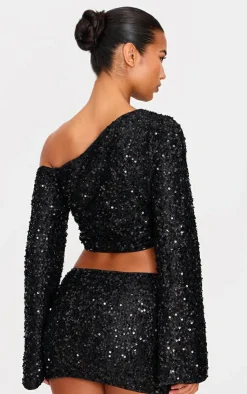 Best PrettyLittleThing Textured Sequin Long Sleeve Top Black