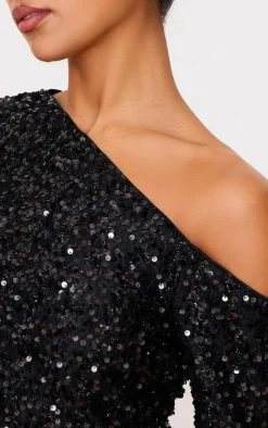 Best PrettyLittleThing Textured Sequin Long Sleeve Top Black