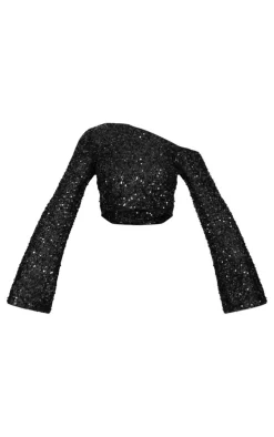 Best PrettyLittleThing Textured Sequin Long Sleeve Top Black