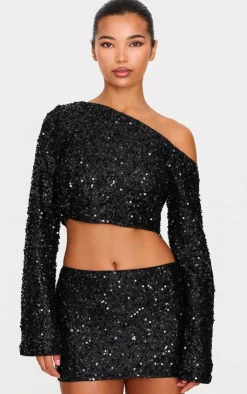 Discount PrettyLittleThing Textured Sequin Micro Mini Skirt Black