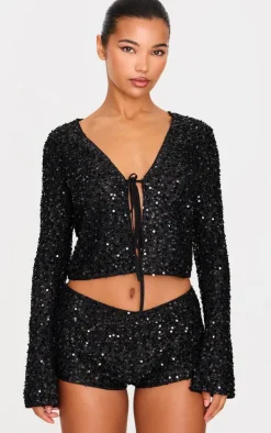 New PrettyLittleThing Textured Sequin Tie Top Black