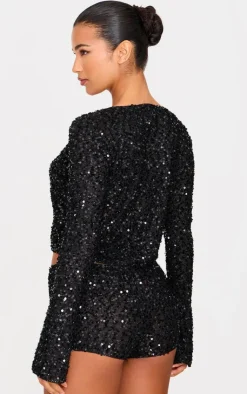 New PrettyLittleThing Textured Sequin Tie Top Black