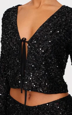 New PrettyLittleThing Textured Sequin Tie Top Black