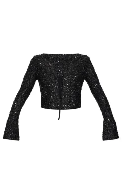 New PrettyLittleThing Textured Sequin Tie Top Black