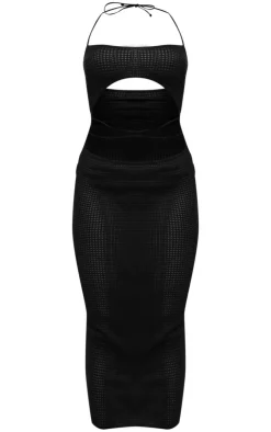 Textured Sheer Cross Front Halterneck Midaxi Dress-PrettyLittleThing New