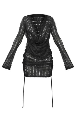 Textured Sheer Extreme Cowl Bodycon Dress-PrettyLittleThing Sale