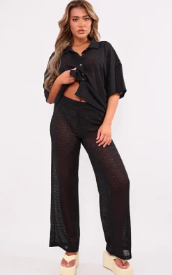 Discount PrettyLittleThing Textured Wide Leg Pants Black