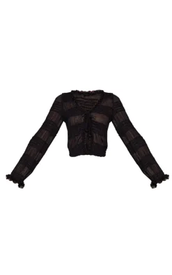 Best PrettyLittleThing Textured Woven Frill Tie Long Top Black